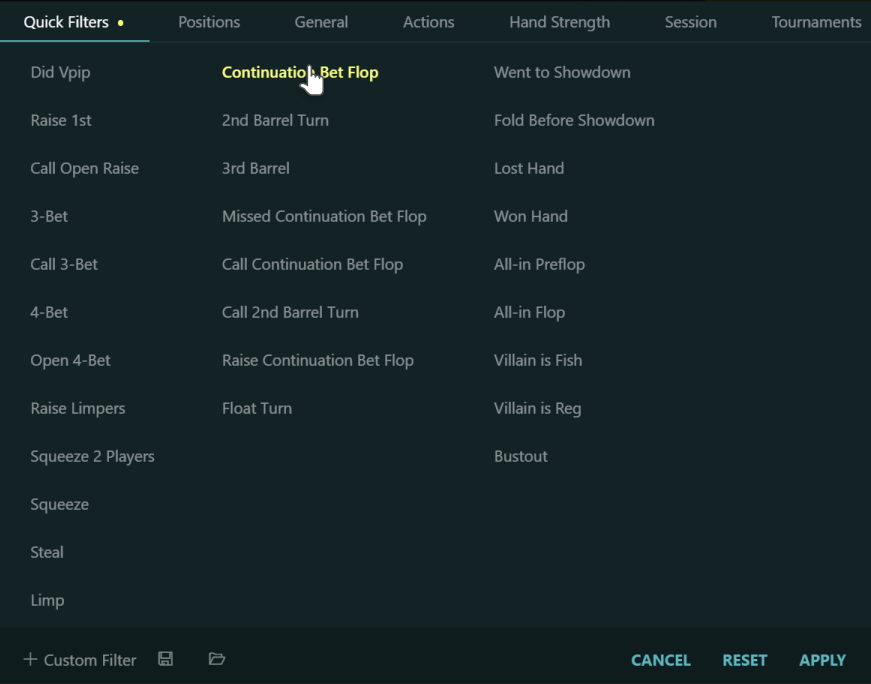 Set continuation bet filter