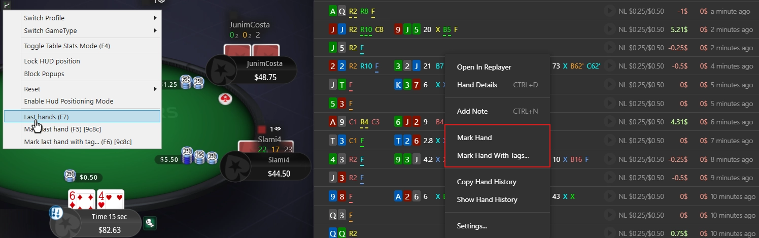 The Last Hands list with the most recently played hands.