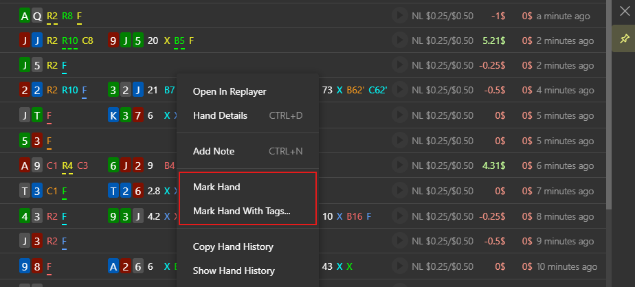 Right-click a hand to mark it or add tags.