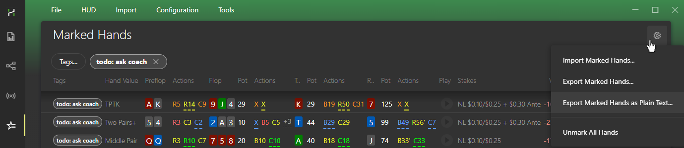 Export or import marked hands from the Marked Hands menu.