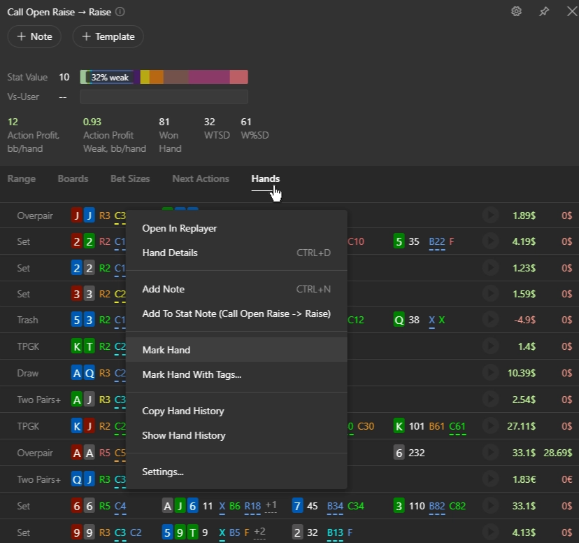 Player popup showing the Call Open Raise → Raise stat.