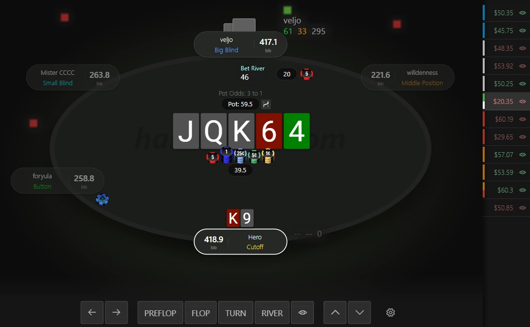 Replayer: color-coded tag indicators in the hand list.