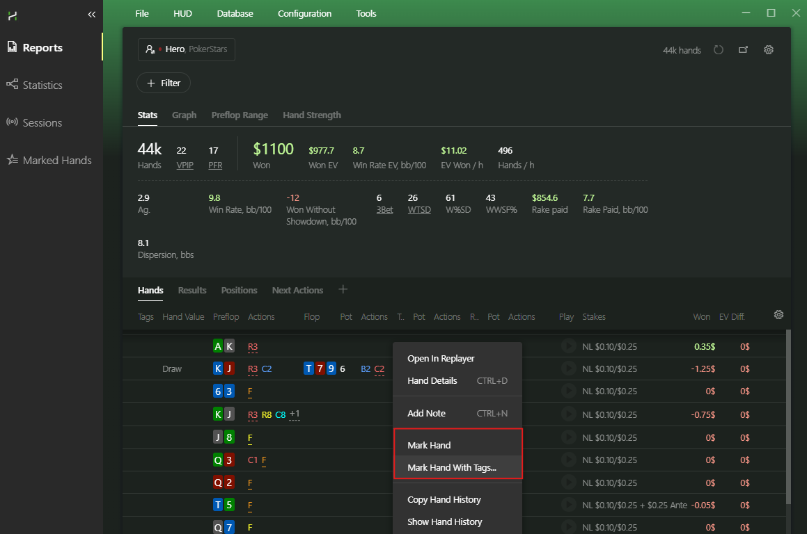 Reports: the hand context menu opened with a right-click.