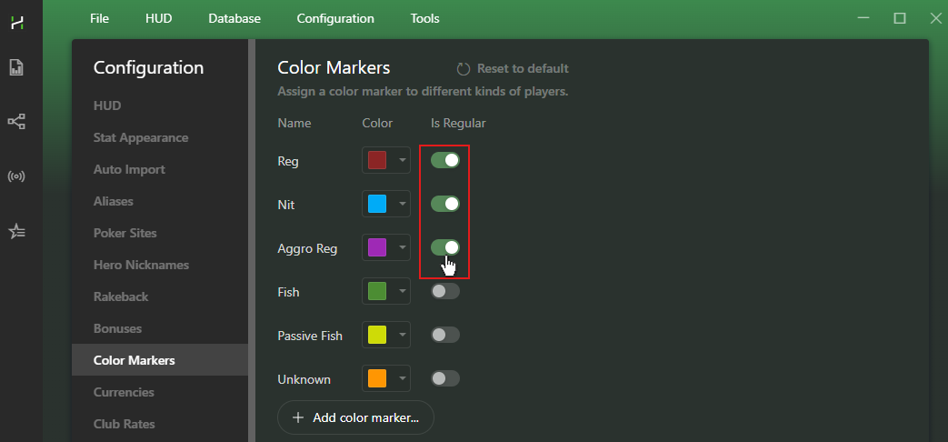 Конфигурации Color Markers: настройка цветовых меток и их типа (рег / фиш).