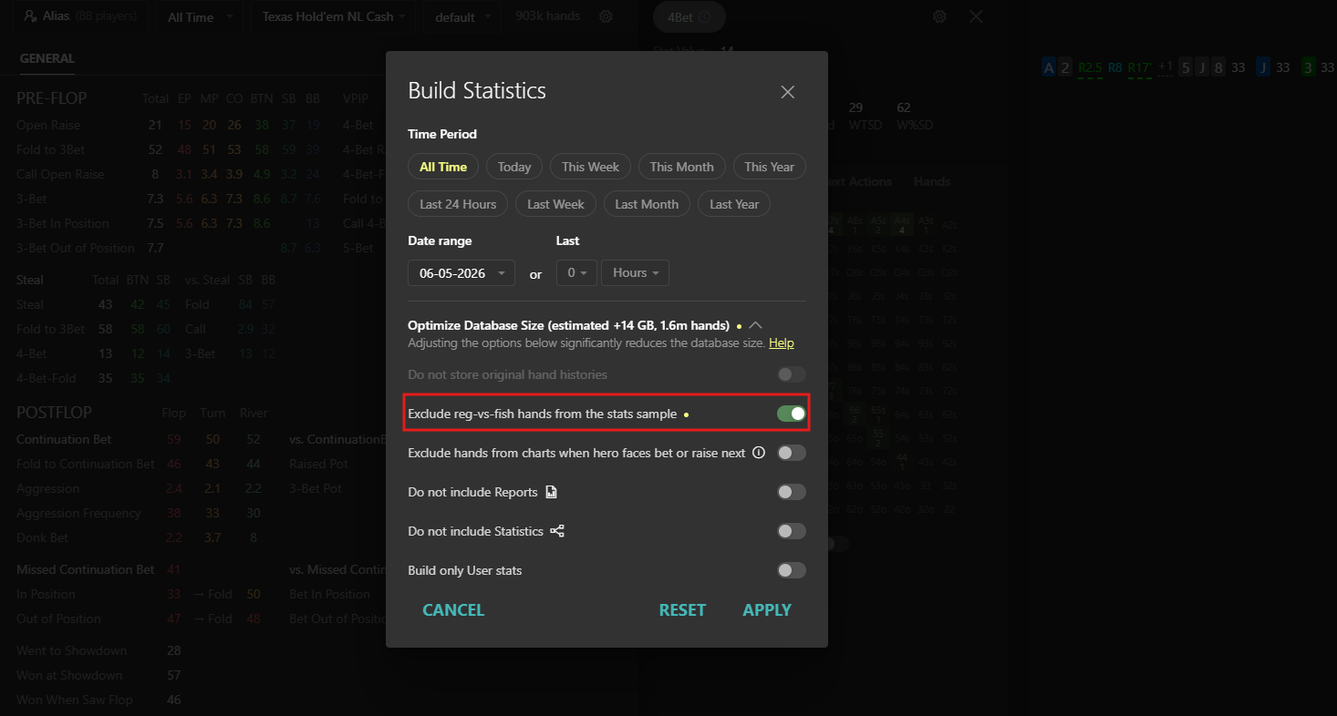 Включение опции Exclude reg-vs-fish hands при перестроении статистики.