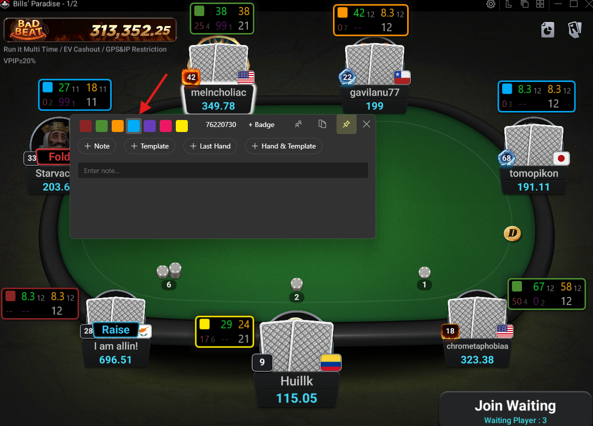 HUD panels with colored borders based on player color labels.