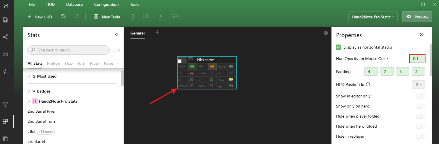 HUD opacity settings in HUD Editor.