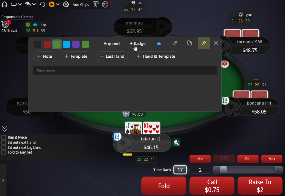 Assigning a badge to a player through the notes popup.
