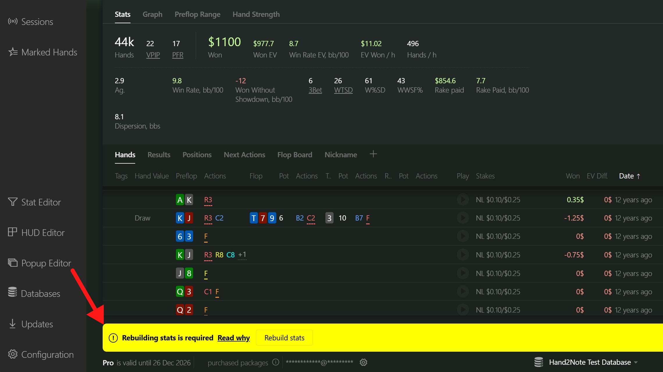 What the yellow banner looks like when Hand2Note reminds you to rebuild statistics.