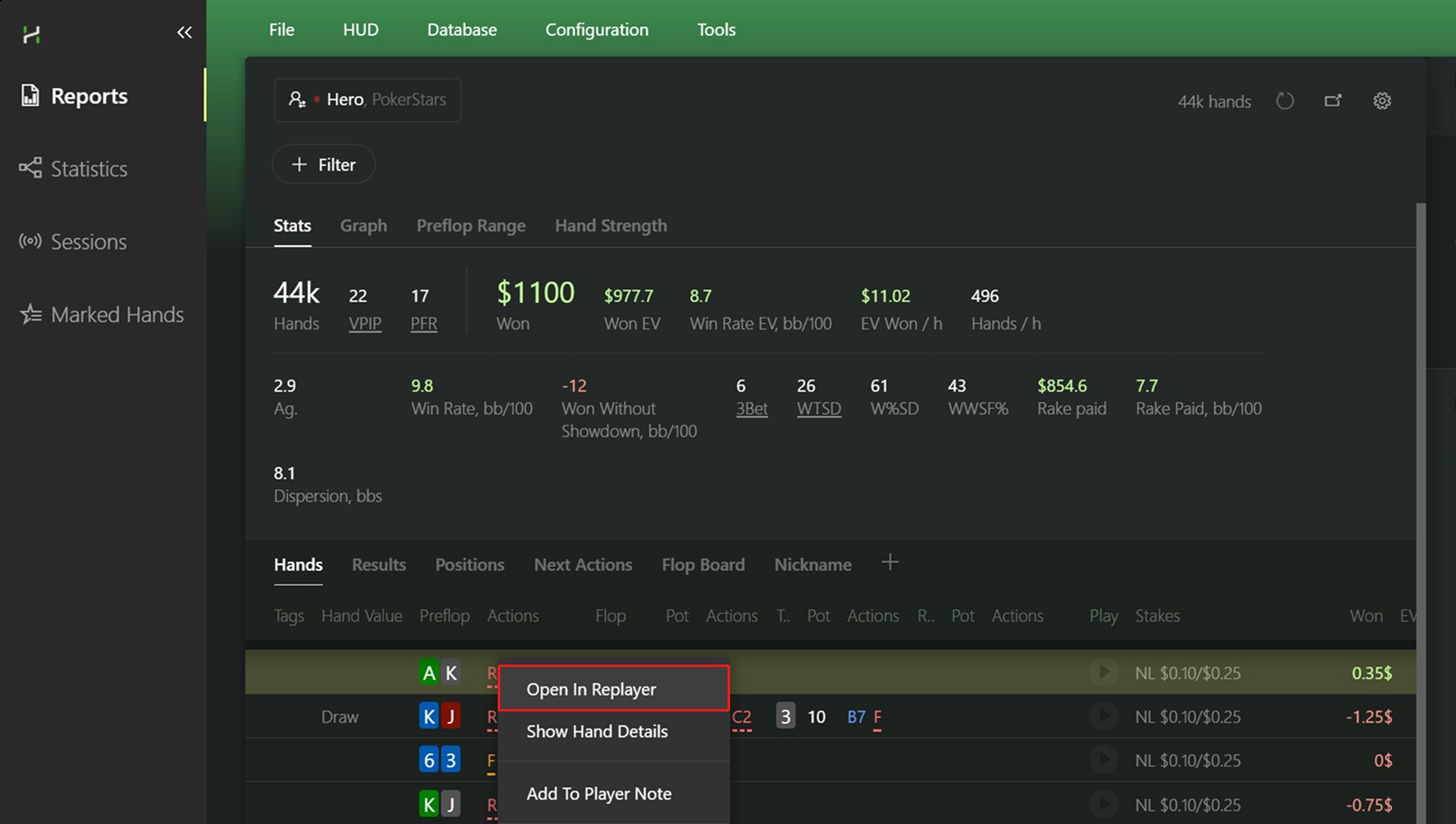 The “Replayer” window opens over the main Hand2Note window and shows the hand as if you were at a regular poker table.