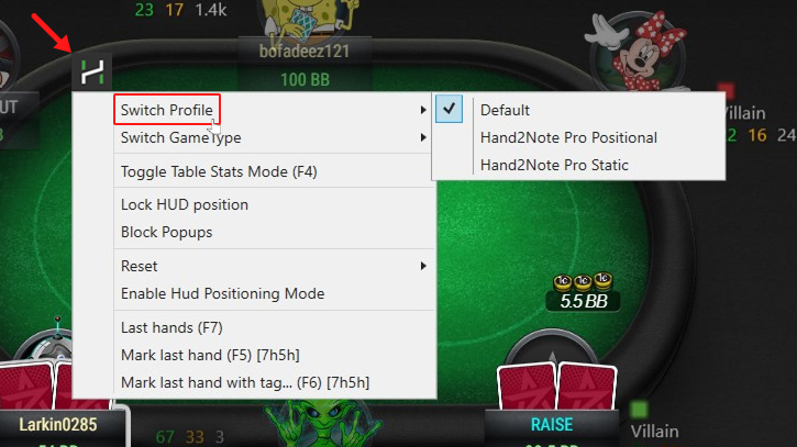 In this example, the menu shows the default Hand2Note HUDs.