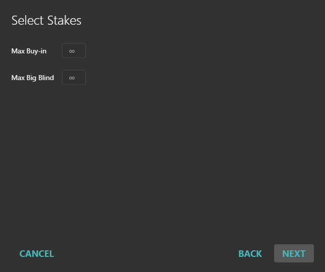Limits for tournament buy-ins and cash game stakes.