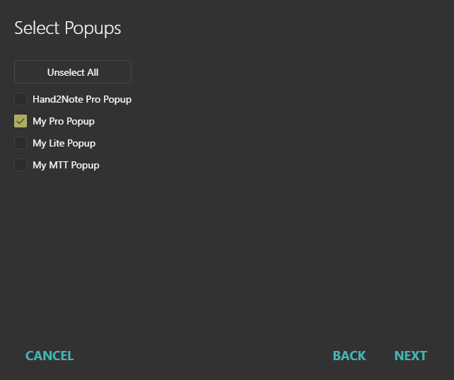 Select popups to include in the package