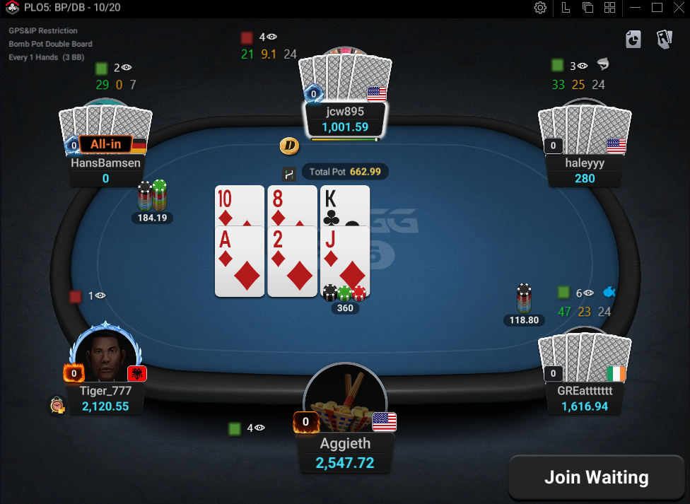Hand2Note HUD on a ClubGG PLO5 Double Board table.