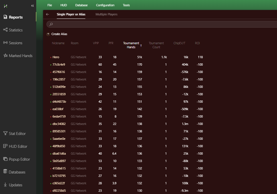 Список игроков после импорта раздач из GG Poker Network