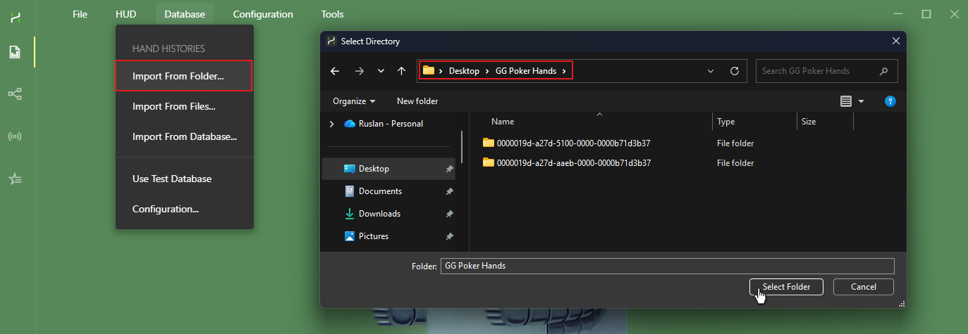 Опция Import from Folder находится в меню Database в верхней части окна Hand2Note.