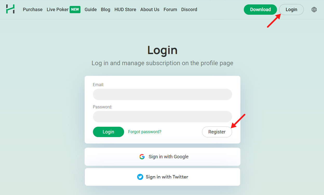 Нажмите Login → Register, чтобы создать новый аккаунт.