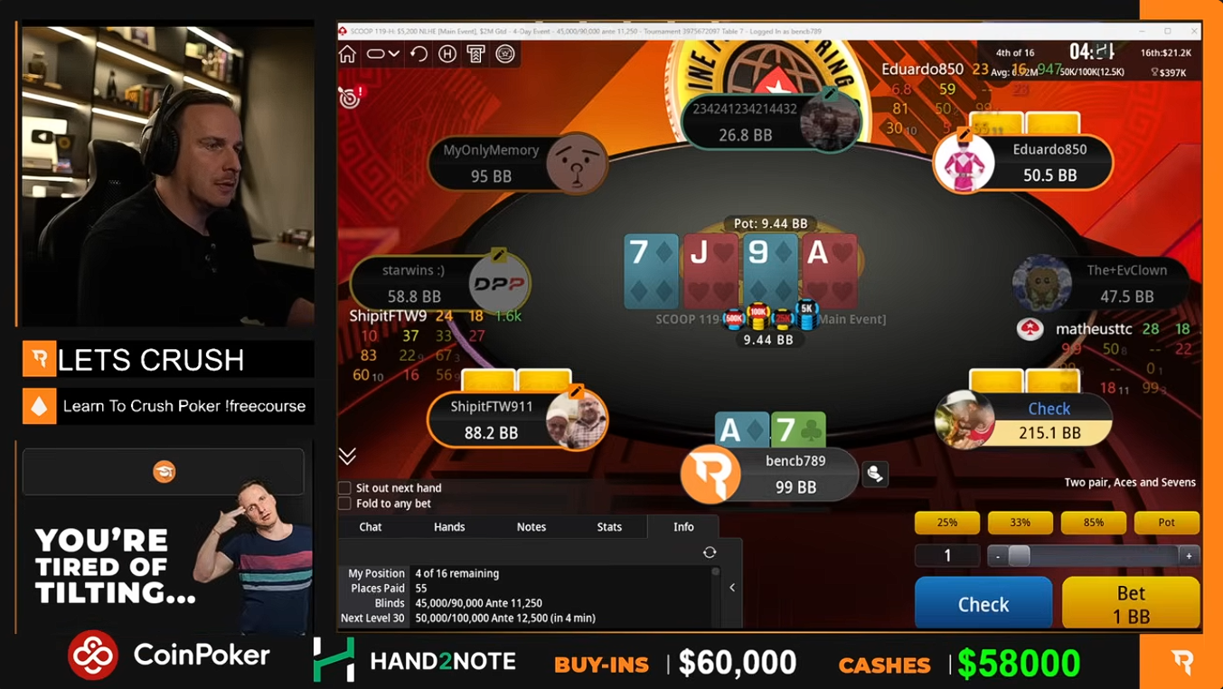 Benjamin Rolle (bencb) playing a PokerStars tournament with Hand2Note.