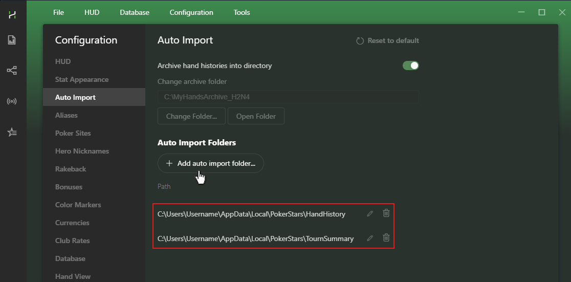 Example of a correctly configured auto import for PokerStars.