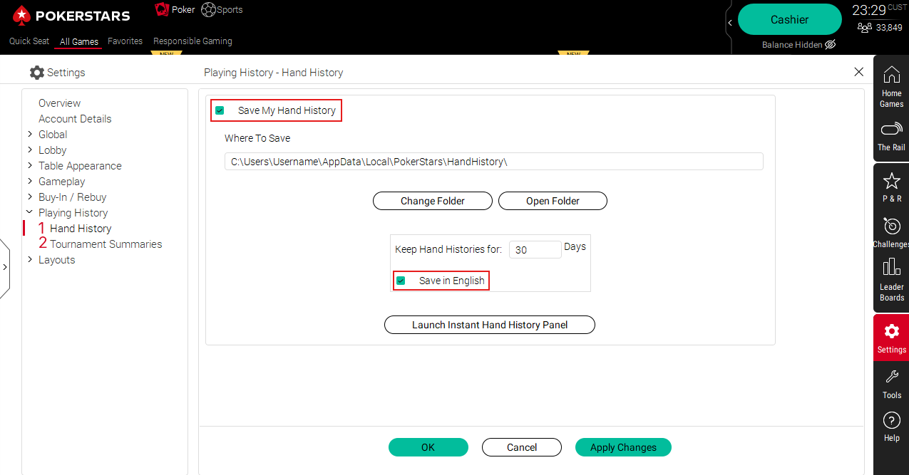 Open Settings → Playing History → Hand History and enable Save My Hand History and Save in English.