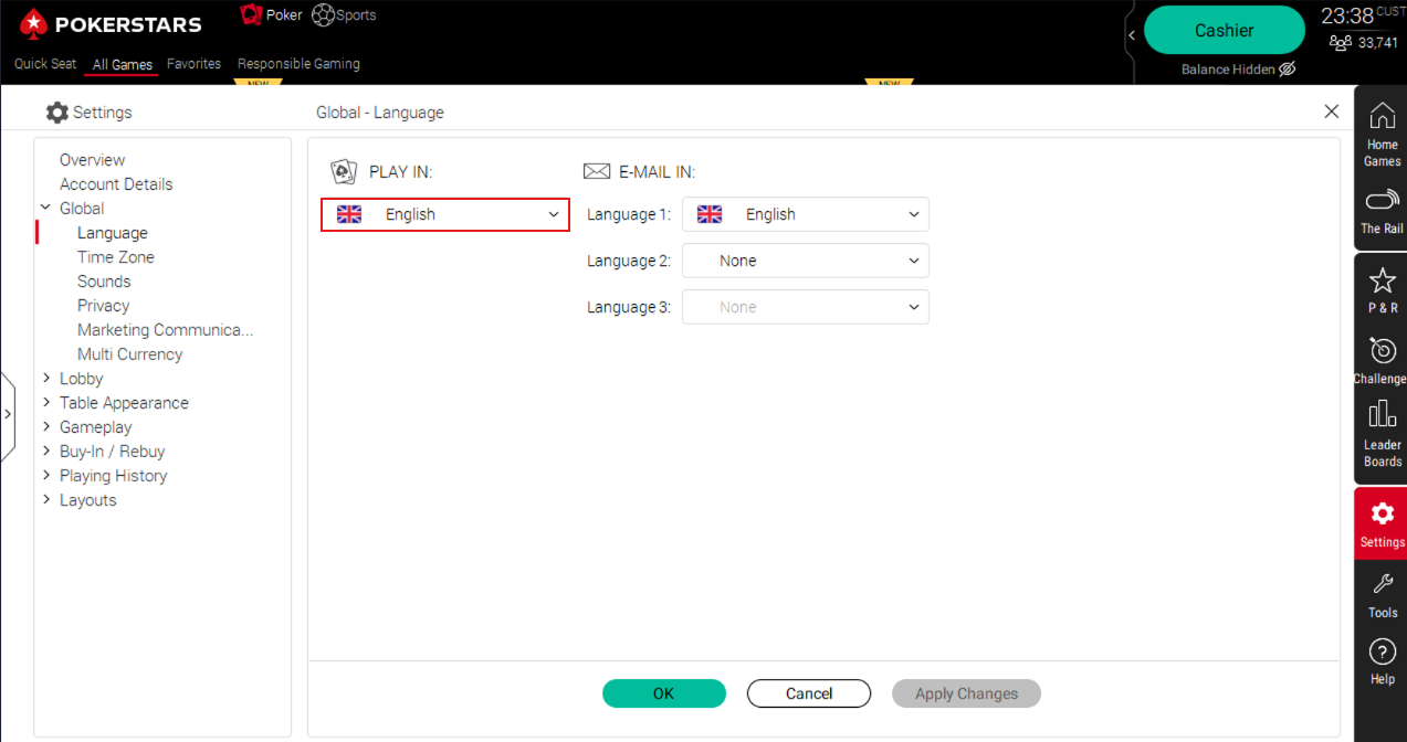 Open Settings → Global → Language and select English.