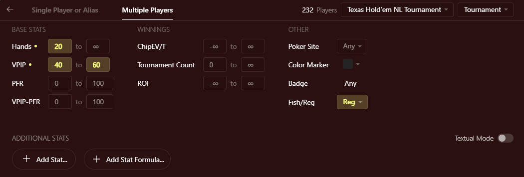 Multiple Players: example of player filtering by stats.