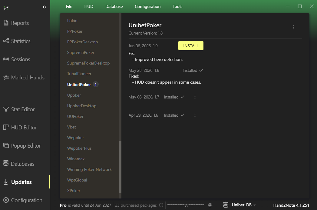 Installing the latest Hand2Note, HUD Host, and Unibet updates.