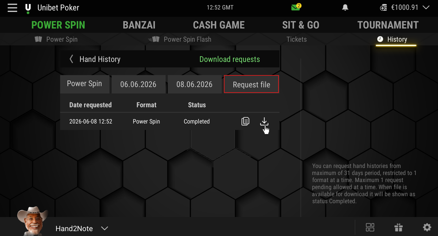 Hand history request in the Unibet.fr client.