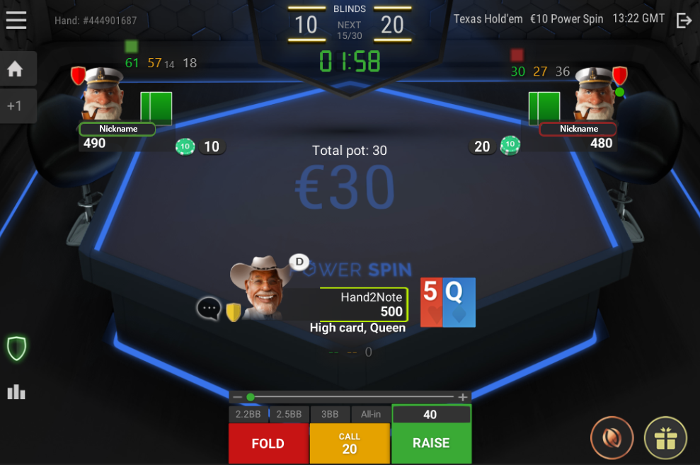 Hand2Note HUD at a Power Spin table on Unibet.fr.