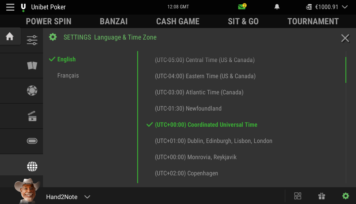 Unibet.fr Settings → Language & Time Zone tab.