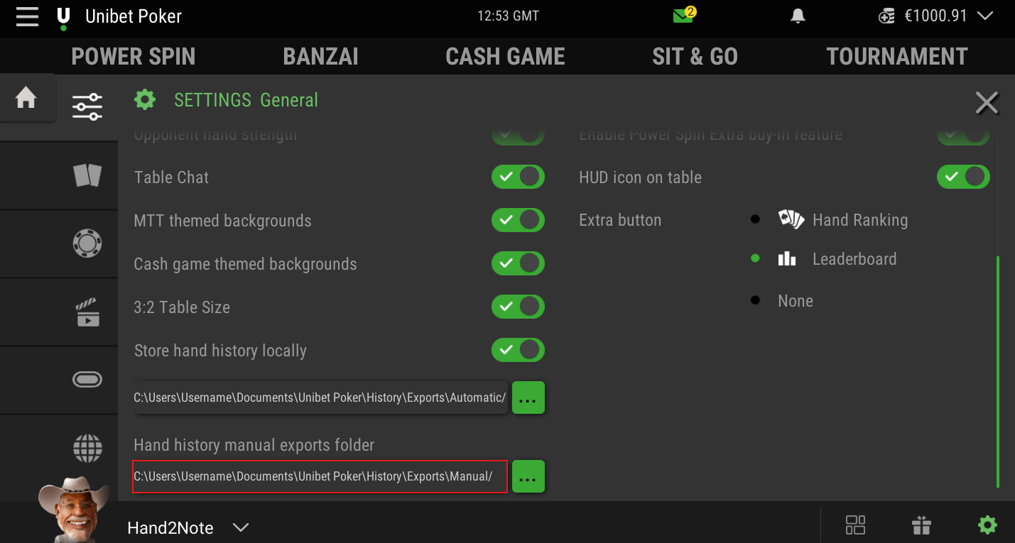 Manual Exports folder path in Unibet.fr settings.