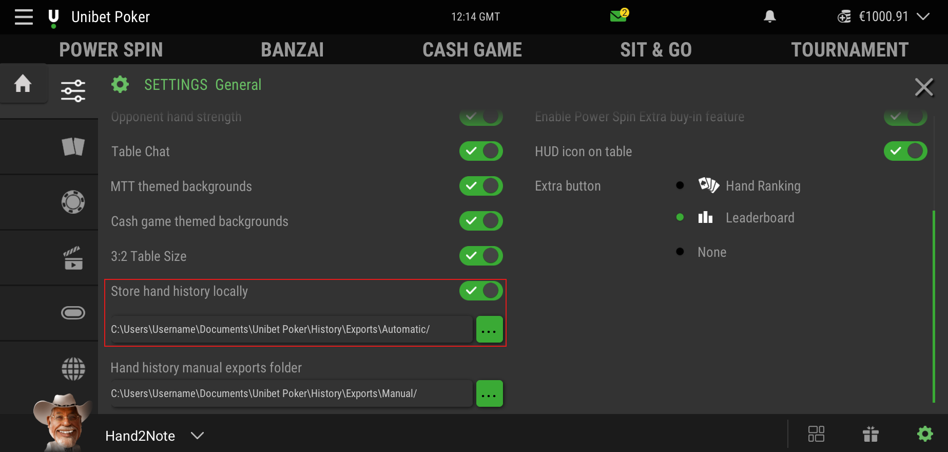 Unibet.fr setting for saving hand histories locally.
