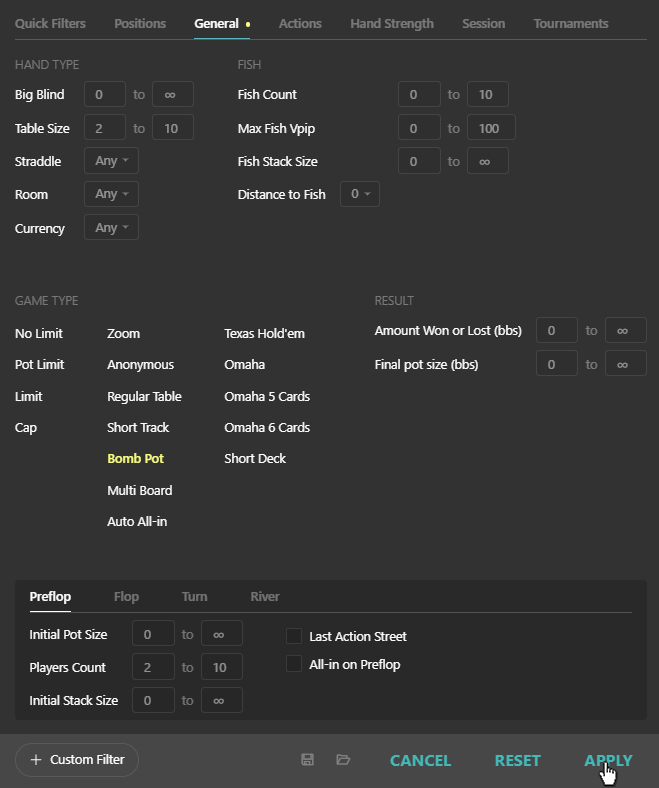 Bomb Pot filter in Reports.
