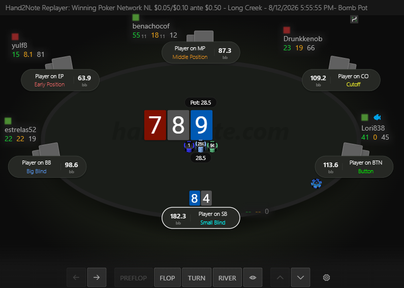 Reviewing a Bomb Pot hand in the Hand2Note Replayer.