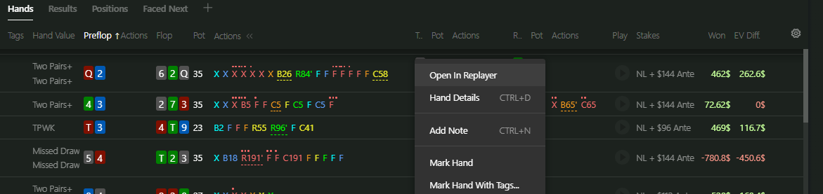 Hand actions available from the compact hand view.