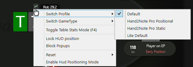 Selecting a HUD from the H icon at the table.
