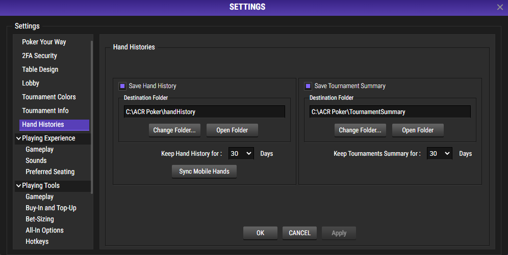 Hand history saving settings in ACR Poker.