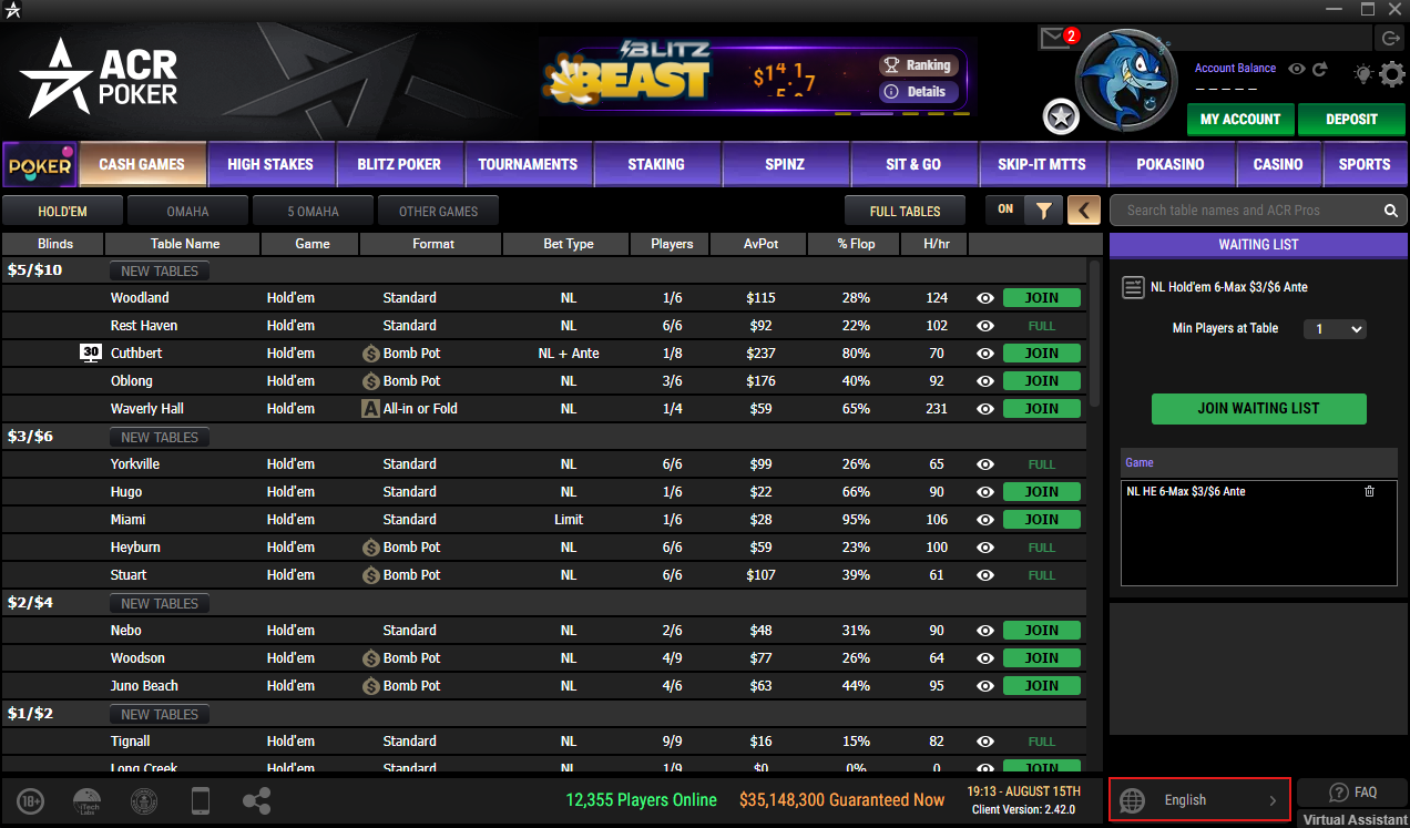 Language selection at the bottom of the ACR Poker client.