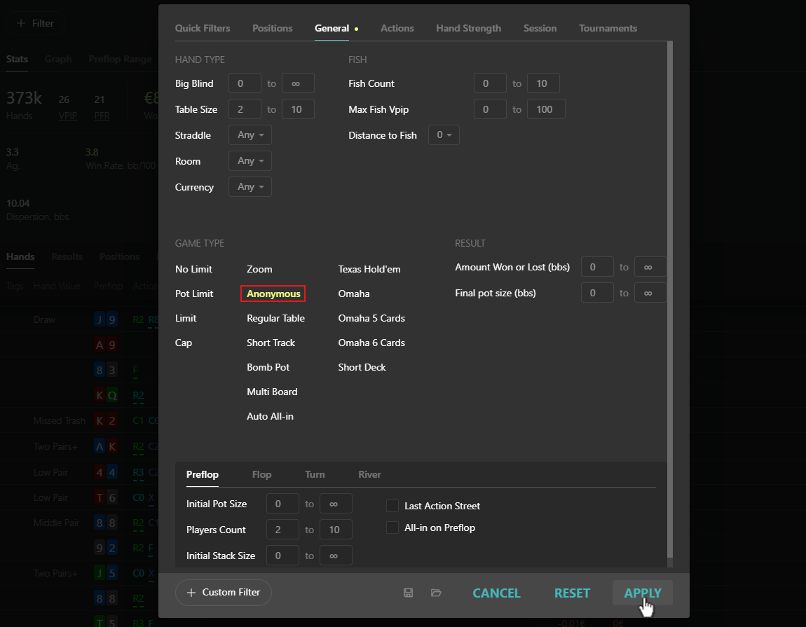 Apply the Anonymous filter to review only hands played at Winamax Incognito tables.