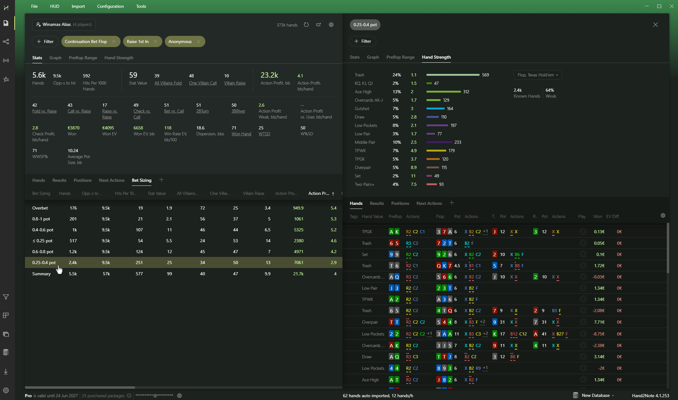 Click a row in the report to open hand ranges, individual hand results, and all hands for the selected sizing.