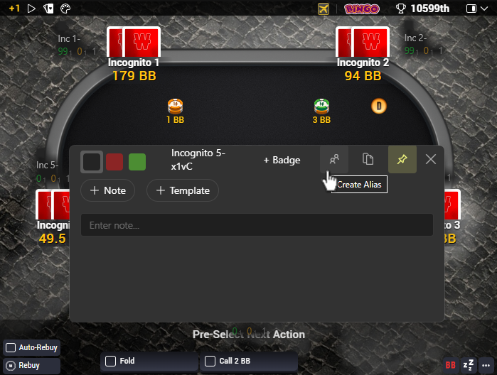 The Create Alias button is available in the Notes popup.