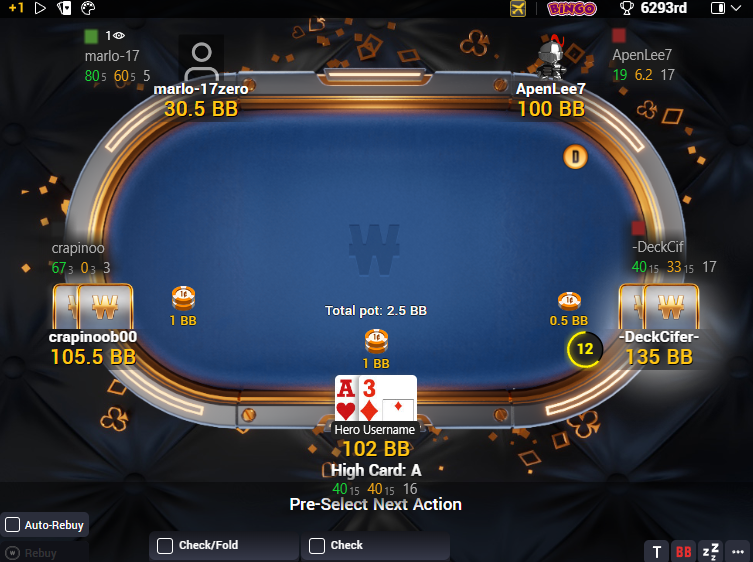 Default Hand2Note HUD on a Winamax poker table.