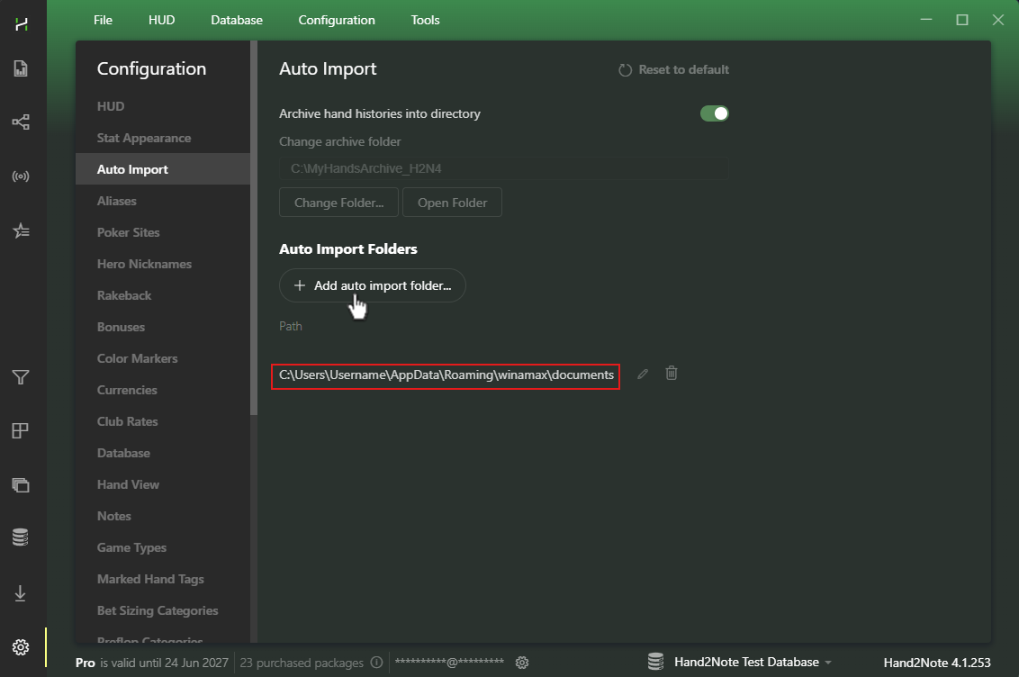 The Winamax folder should appear in the Auto Import Folders list.