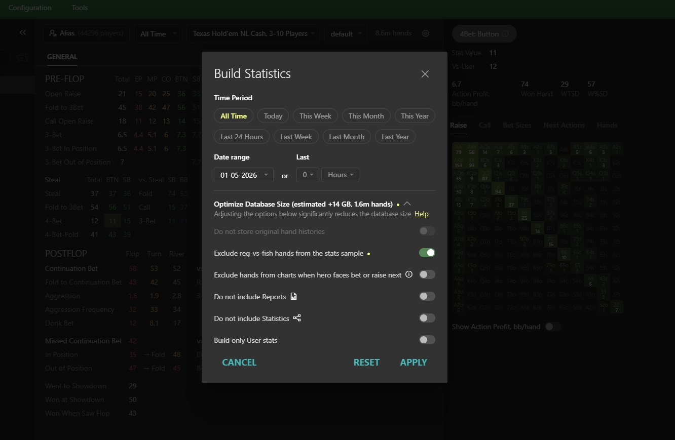 Statistics calculation and database settings.