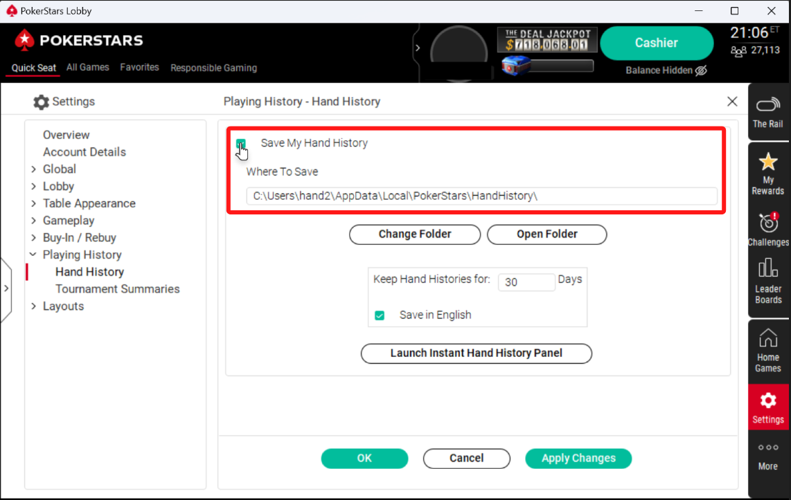 PokerStars hand history options