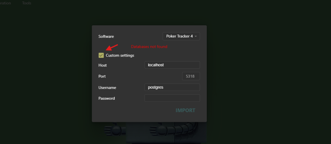 Ввод пользовательских настроек базы данных Poker Tracker 4.